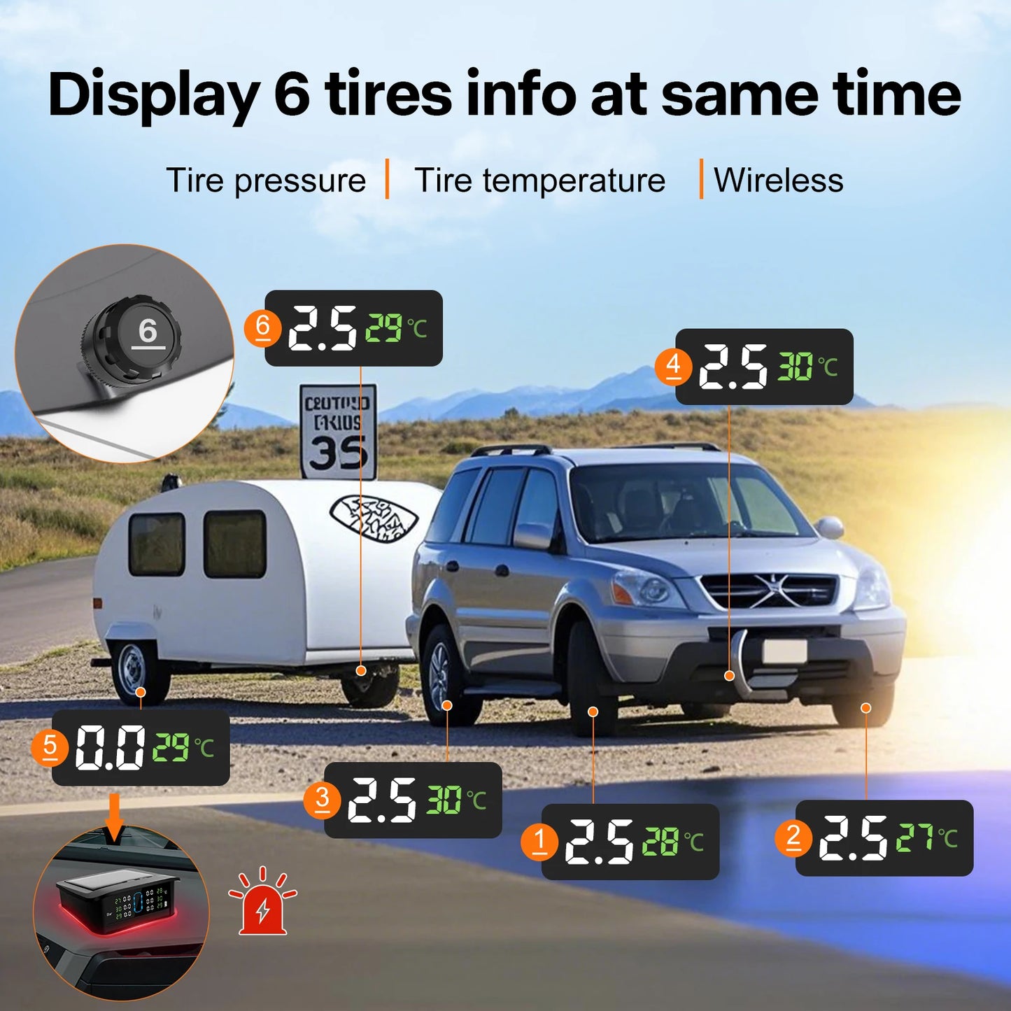 TY35-4-wheel or 6-wheel External TPMS Bottom with Ambient Lighting  Colorful and Timely Warnings Tire Pressure Monitoring System