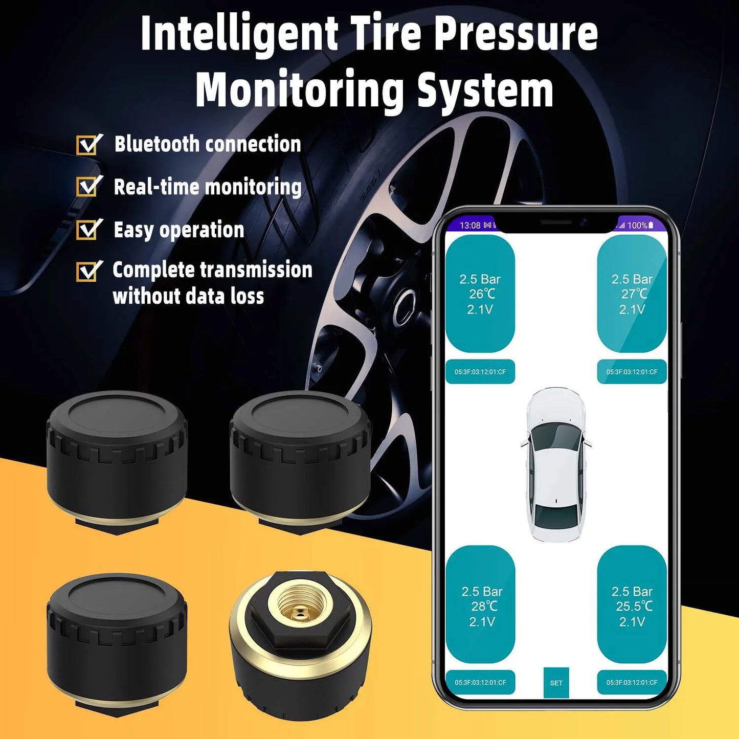 Bluetooth APP Tire Pressure Monitoring System TPMS External Cap Sensors Motorcycle Car