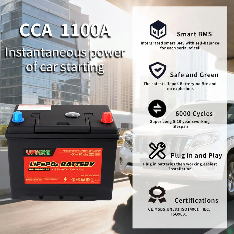 Yauneidak Maintenance Free 12V 70Ah Start Stop Auto Battery with 1100CCA and 4000 Cycles Lifepo4 Battery