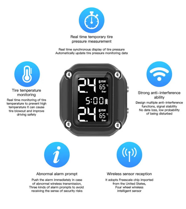 Motorcycle Bike TPMS Digital Tire Tyre Pressure Monitor System External Sensors