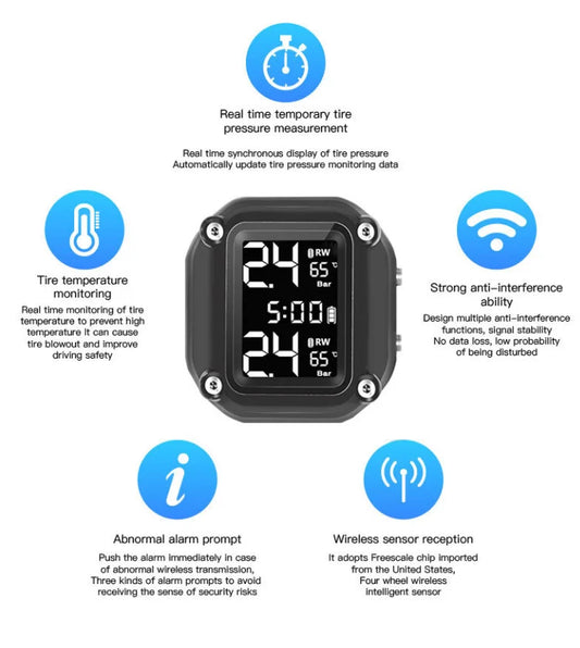 Motorcycle Bike TPMS Digital Tire Tyre Pressure Monitor System External Sensors