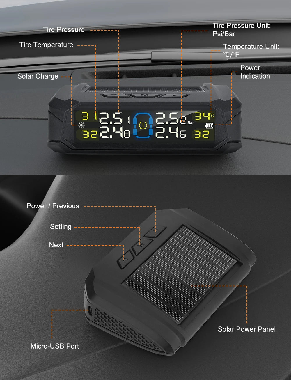 Solar-powered Wireless Tire Pressure Detector Car Tire Pressure Tpms Built-in Detector Tpms Sensor Universal