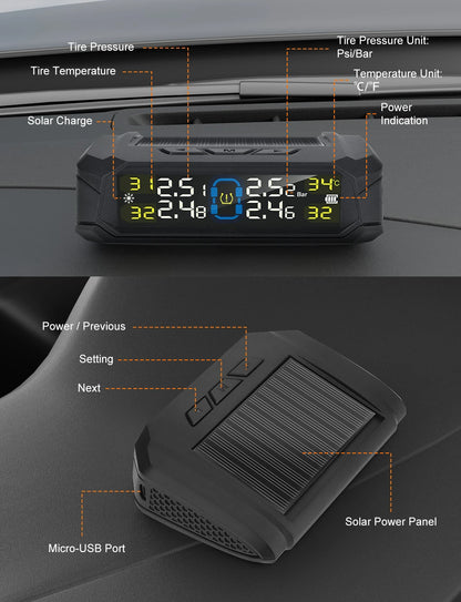 Solar-powered Wireless Tire Pressure Detector Car Tire Pressure Tpms Built-in Detector Tpms Sensor Universal