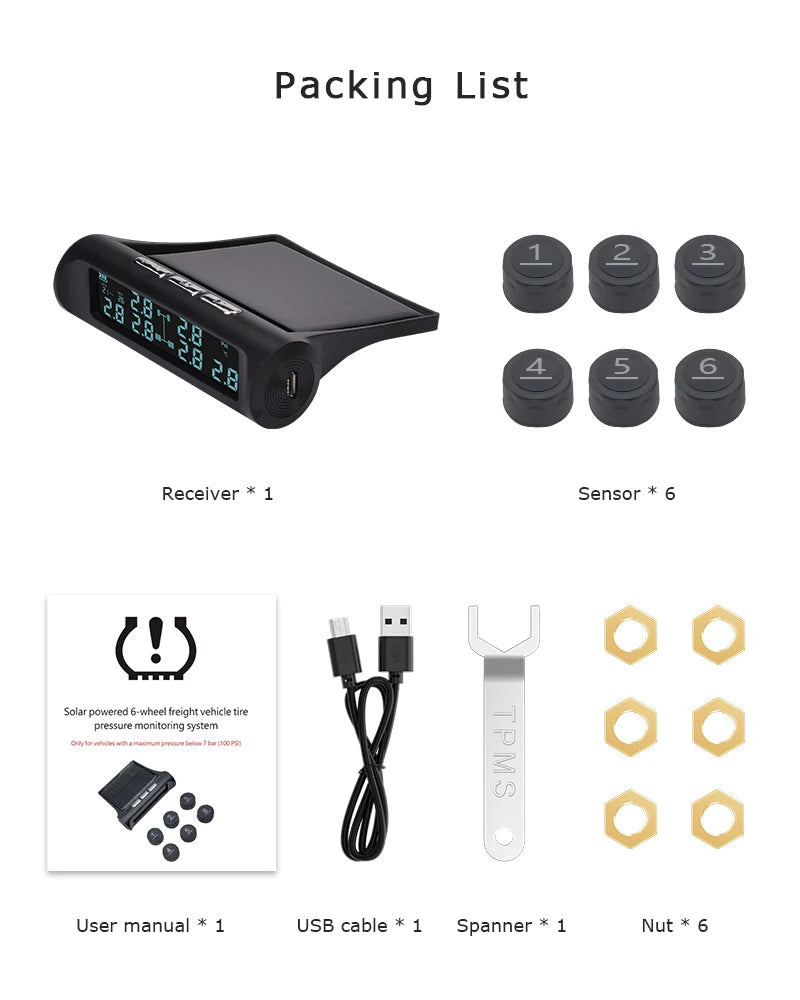 6 Wheel Tpms Suitable for Truck Trailer Tire Pressure Monitoring Wireless Data Transmission Tire Pressure Monitoring