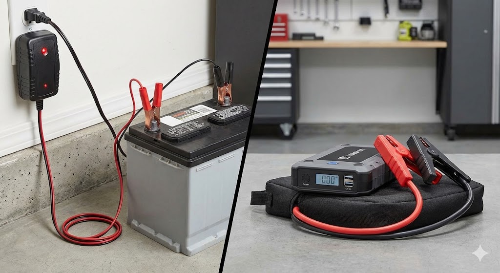 Comparing a trickle charger vs a jump starter for starting a car