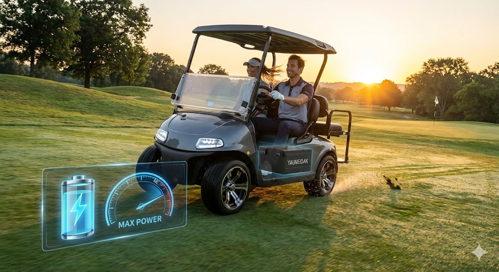A cinematic action shot of a modern, sleek electric golf cart speeding effortlessly up a lush green fairway at sunrise. The cart is kicking up a small amount of dew, indicating speed. The driver and passenger look happy and relaxed. In the foreground, a graphic overlay shows a glowing blue lithium battery icon and a speedometer hitting "MAX POWER". The background is a beautiful, sun-drenched golf course. The overall feeling is one of freedom, performance, and advanced technology.
