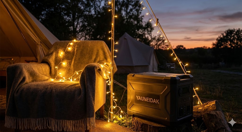 A warm, cinematic outdoor shot at a "glamping" site. A robust lithium battery is powering a string of warm-white fairy lights draped over a comfortable chair and a blanket. It is twilight, and the glow from the warm lights reflects softly on the battery surface. The background implies a peaceful nature setting with warm tones. The image represents energy independence and a cozy outdoor lifestyle.