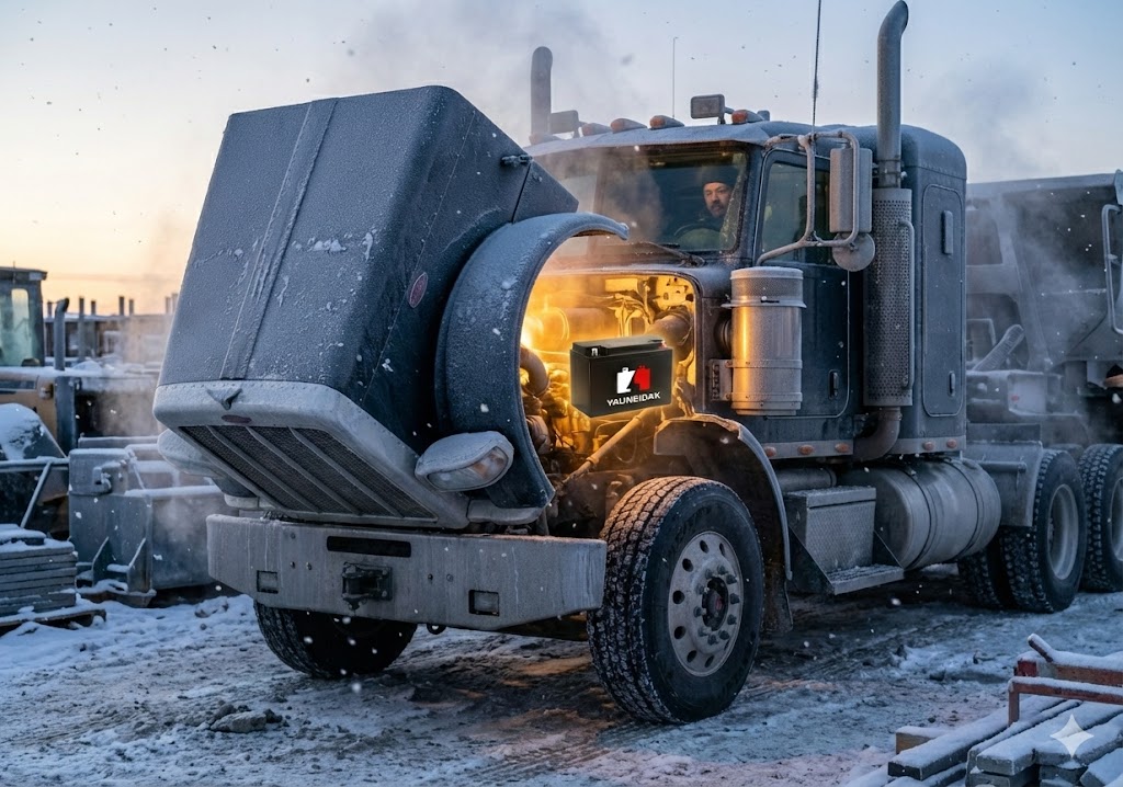 A cinematic, gritty photograph of a heavy-duty semi-truck parked on a snowy construction site at dawn. The truck is covered in a light layer of frost. The hood is slightly open, and a warm, glowing light emanates from the engine bay where a robust YAUNEIDAK truck battery is installed, symbolizing reliable power in harsh conditions. The atmosphere is tough, cold, and determined.