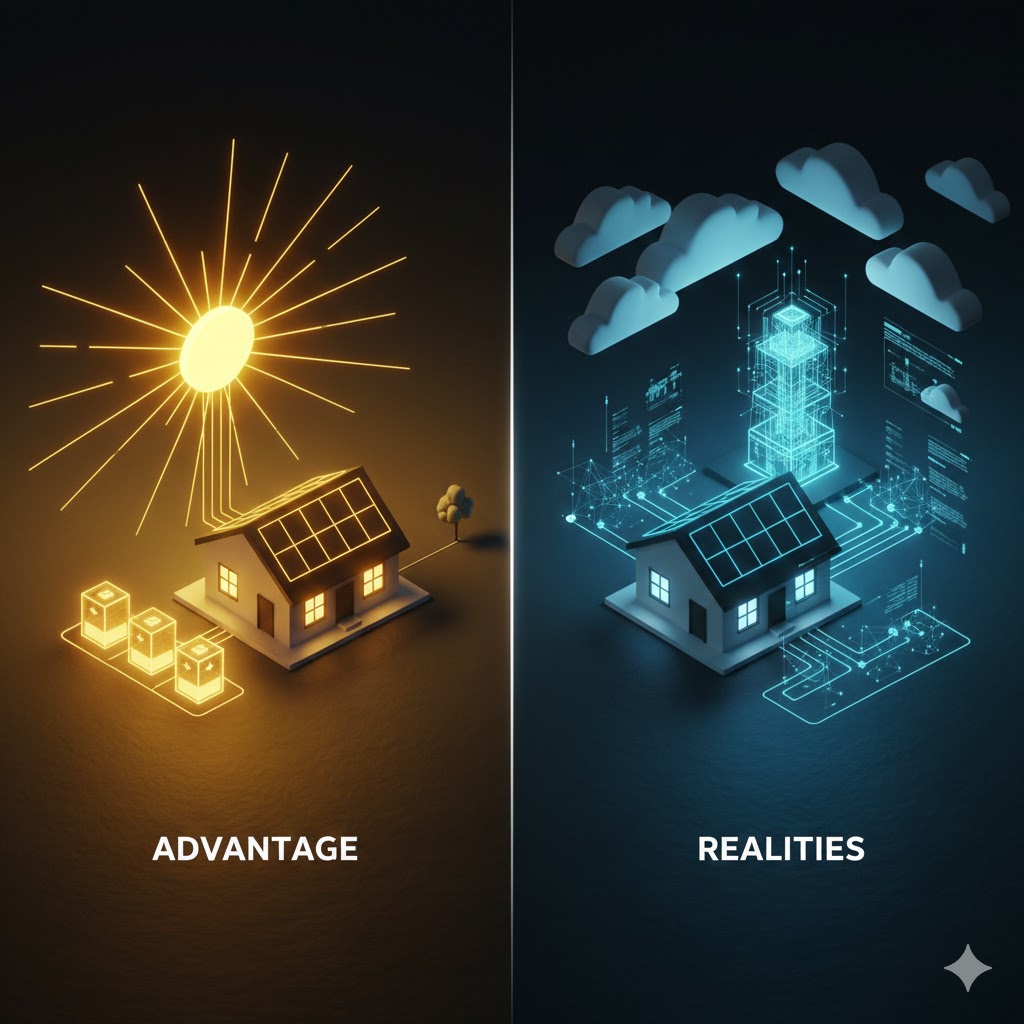 A split-screen or dual-themed conceptual artwork. On one side, a bright sun powering a home with glowing battery storage icons (Advantage). On the other, a moody but high-tech aesthetic showing clouds and a smart grid connection (Realities). Artistic 3D render, minimalist vector style, high contrast, clean typography-ready space in the center.