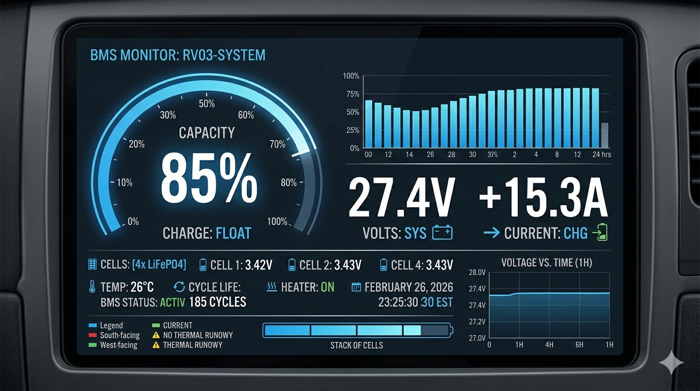 A digital RV battery monitor screen showing percentage and voltage