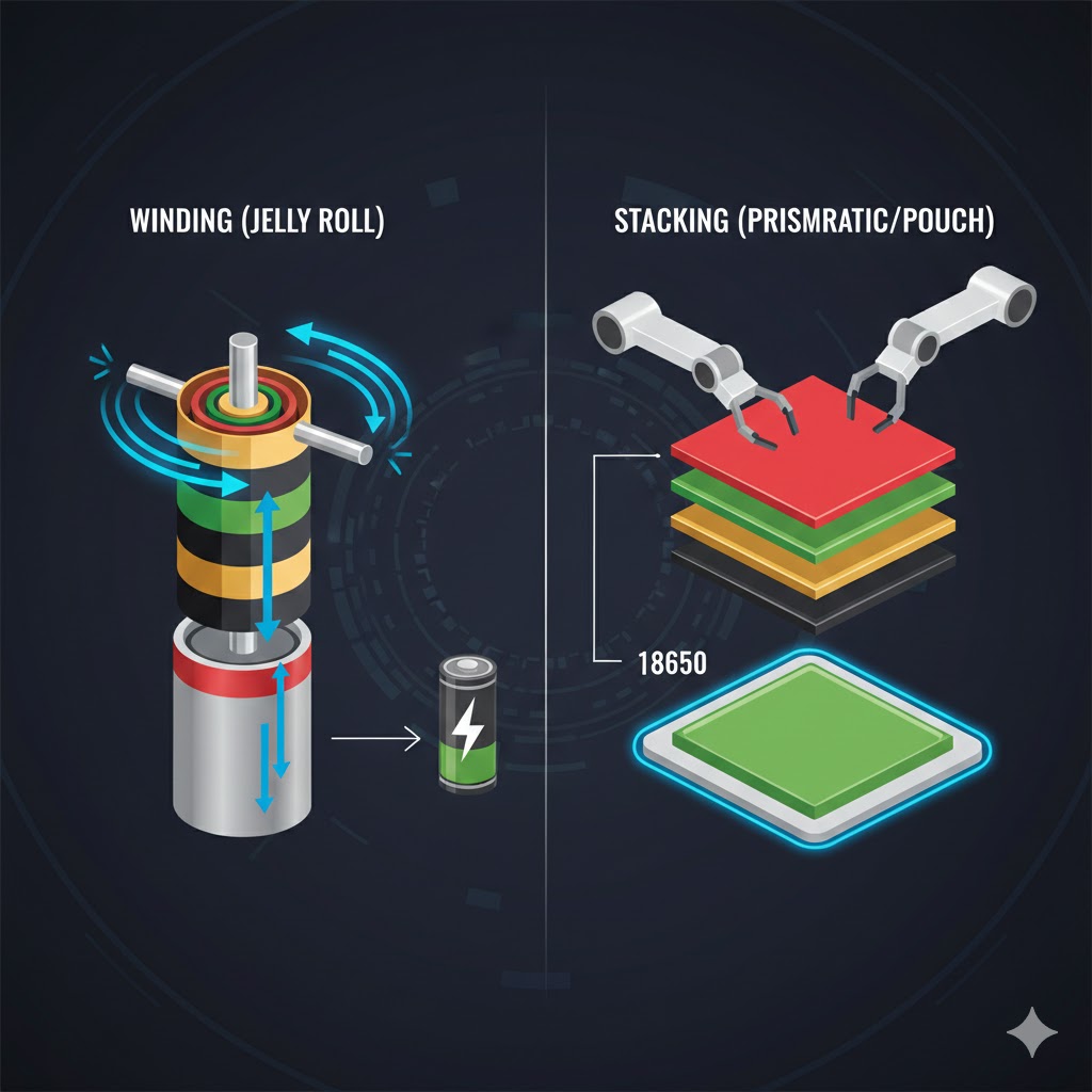 Illustration showing the difference between winding jelly rolls and stacking battery electrodes