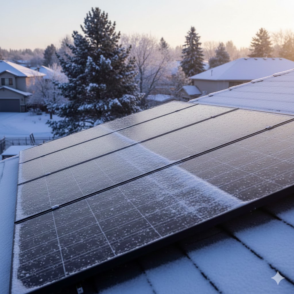 On a winter morning, a row of modern black monocrystalline solar panels are installed on the rooftop, covered with a thin layer of beautiful white snow. The snow is so light that it barely covers the panels, and bright sunlight penetrates the cold air, shining on them. In the distance are snow-covered pine trees and tranquil suburban houses. The style is minimalist and clean, with realistic photography, soft cool tones, cinematic lighting, 8k resolution, high detail, a fresh winter atmosphere, and a cover image composition.