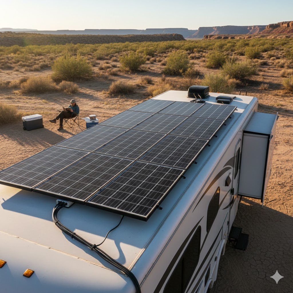 Solar panels mounted on the roof of a recreational vehicle