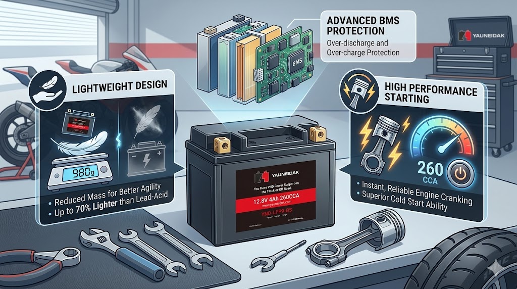 Advanced lithium starter battery showing lightweight design and high performance